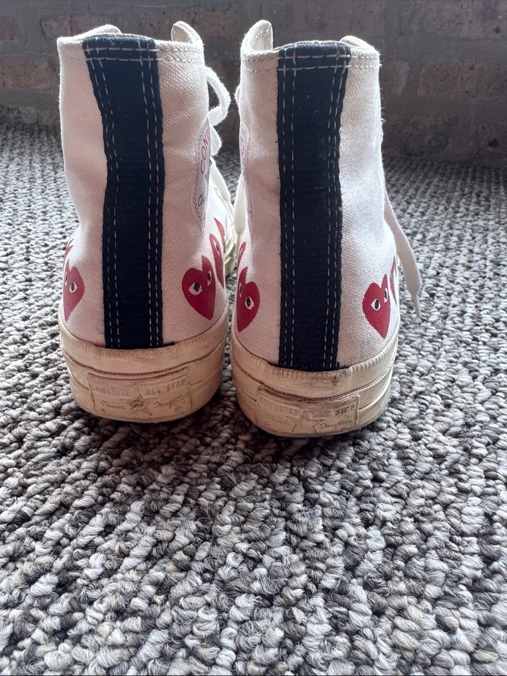 Converse x Comme des garçons. White with Red Hearts. W7, M6.